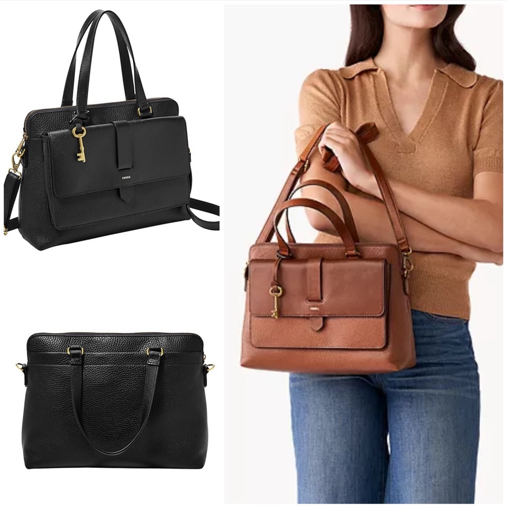 🛑sold🛑Fossil Kinley Satchel Pebbled Leather Bag Detachable Strap in Black